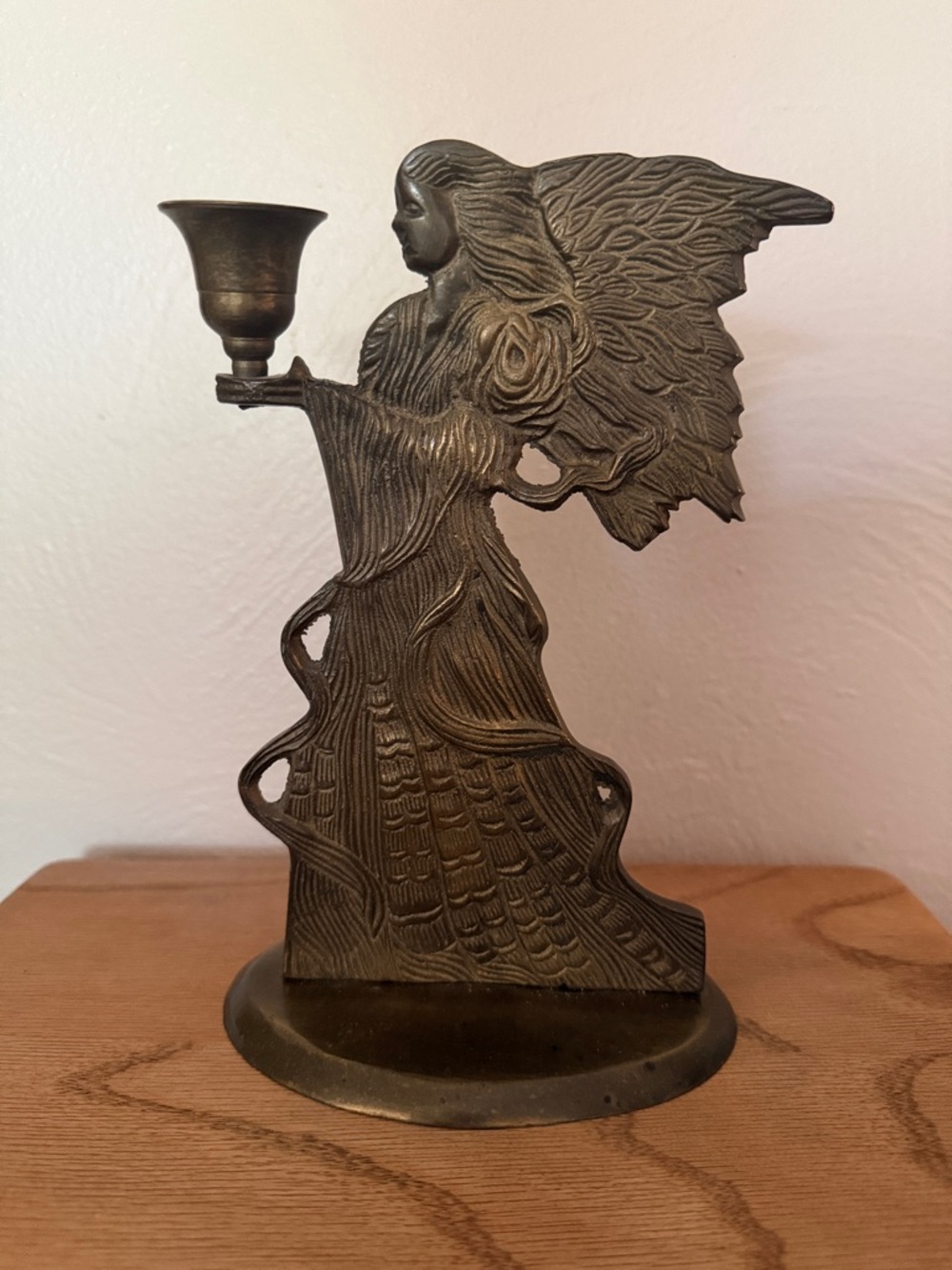 Vintage Solid Brass Candlestick Taper Holder Angel 9.5" Tall